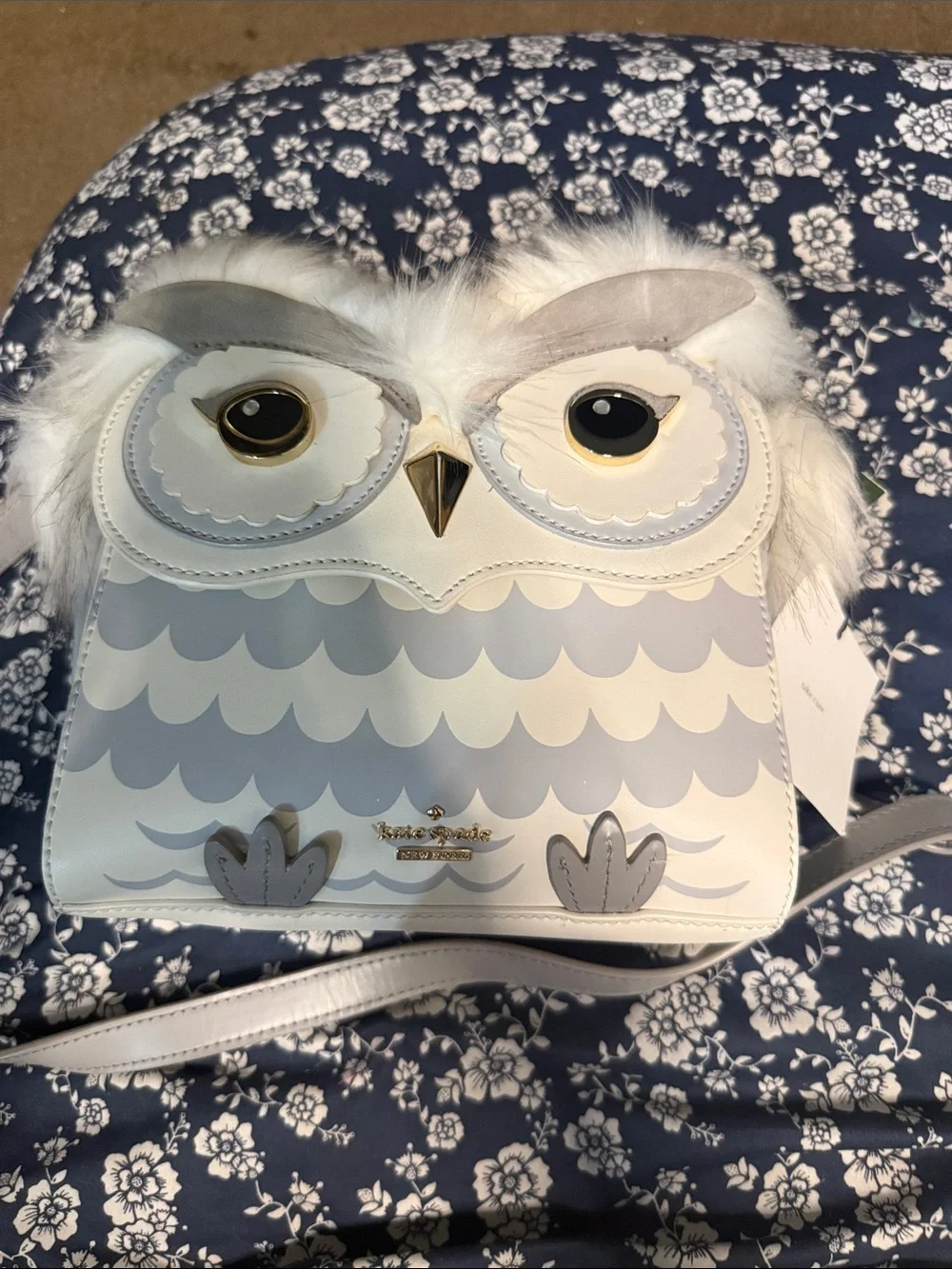 kate spade white and light gray owl crossbody bag with gold accents